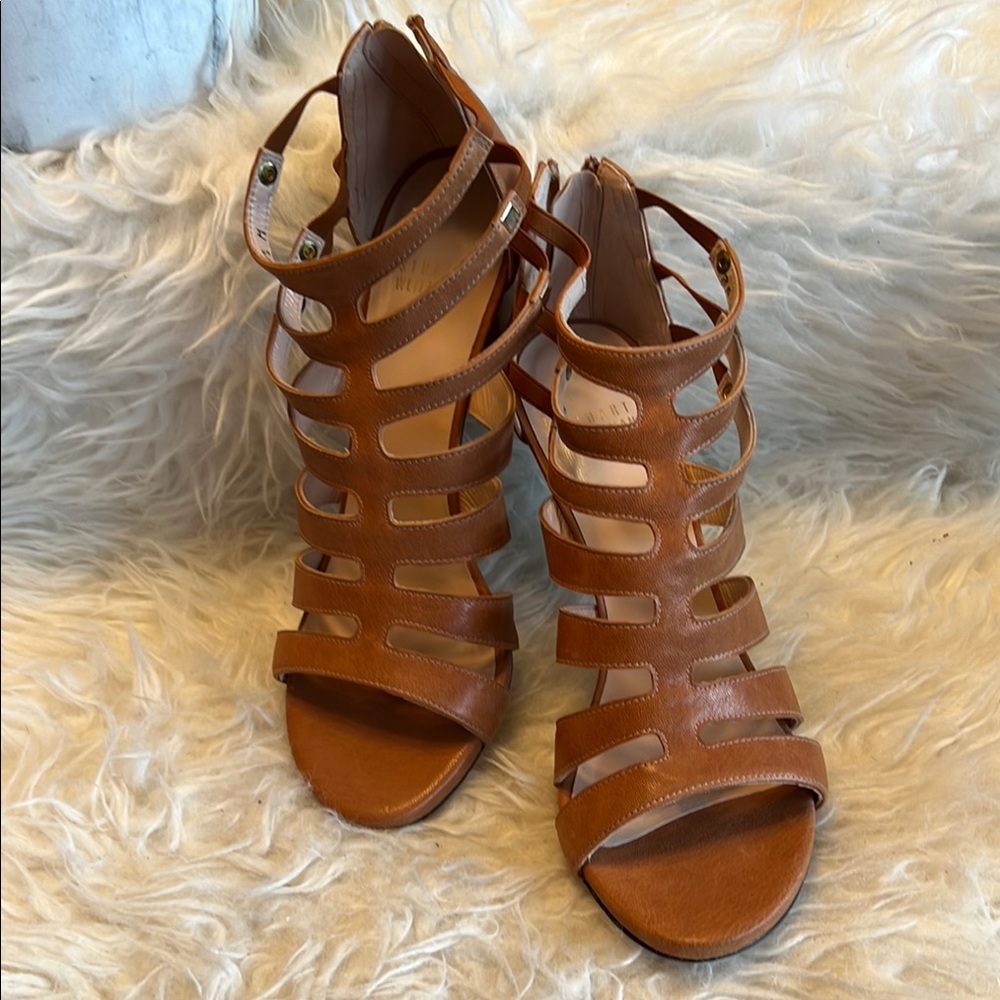 Stuart Weitzman Women’s Outing Strappy Cage Camel Nude/Brown Sandal Size 8.5 US - Picture 4 of 17